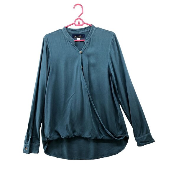 Blue Rain Tops - Blue Rain Long Sleeve Boho Top Womens M Rayon Teal High Low Wrap Front